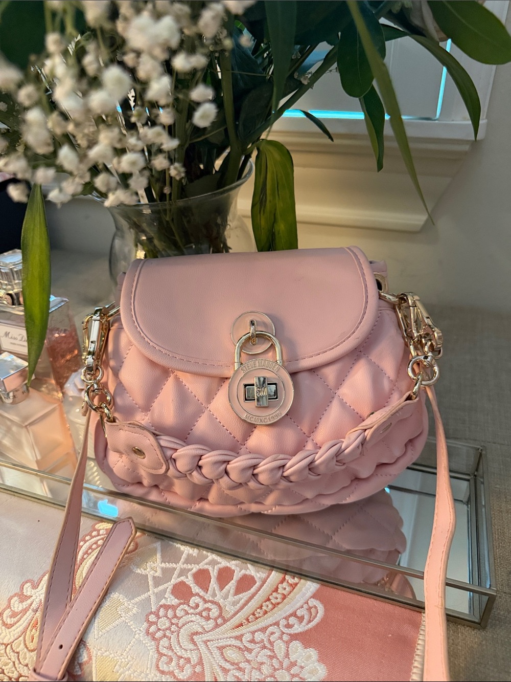 Steve Madden Pink Quilted Chain-Trim Crossbody Bag